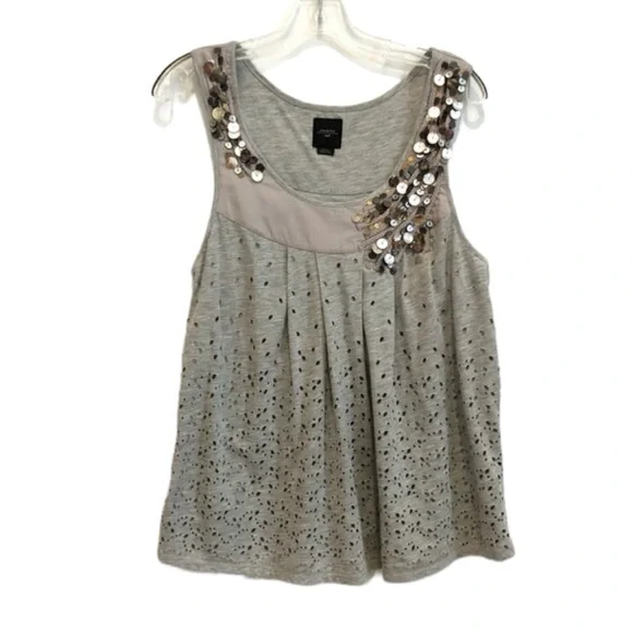 Anthropologie Deletta Gray Beaded Tank Top with Cut Outs - Picture 1 of 16